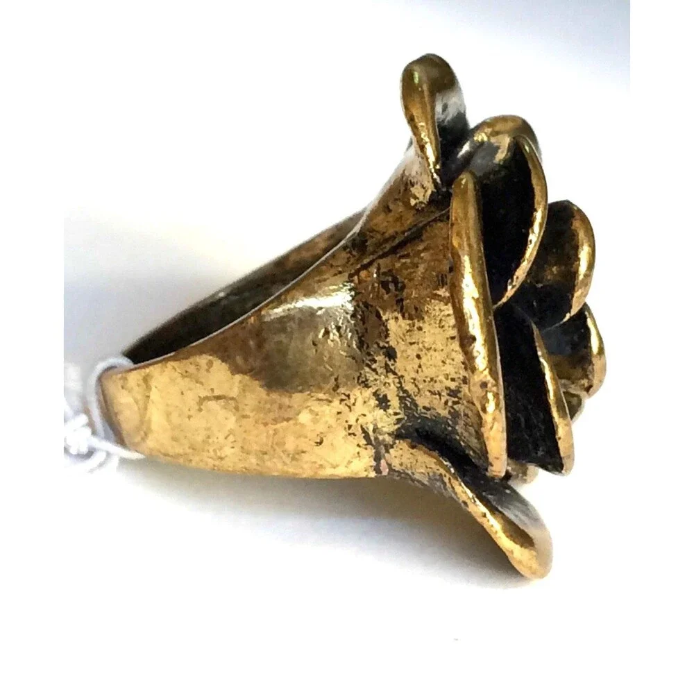 Vtg Gold Tone Rose Flower Bloom Cocktail Ring Size 6 7 8 Chunky Statement Boho